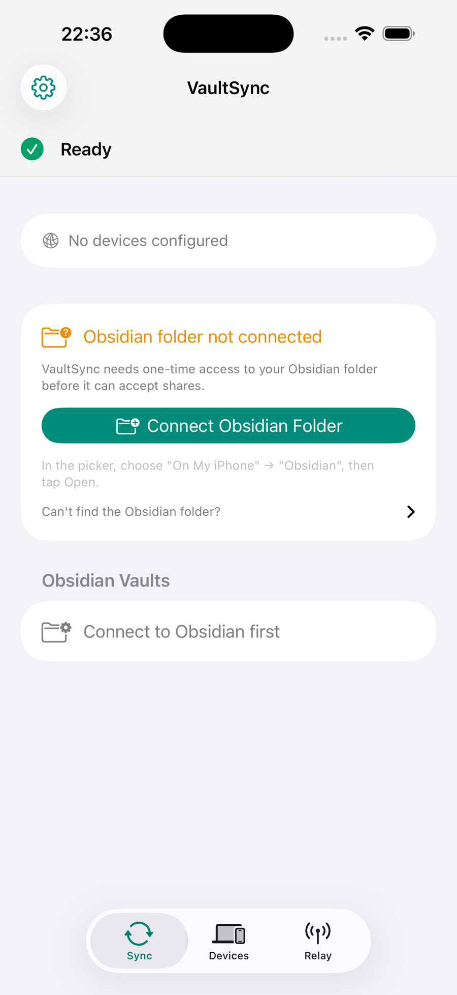VaultSync home screen showing sync status, devices and Obsidian vaults