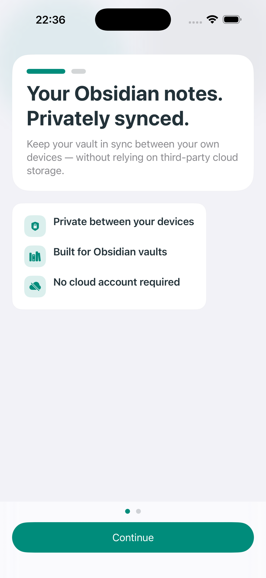 VaultSync welcome screen: Your Obsidian notes, privately synced